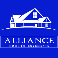 Modified company logo in white on blue background