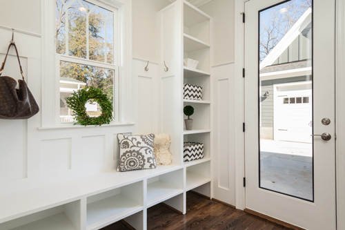 Built-in-furniture-in-mudroom-Tri-Cities-TN Built in bench and storage adds sophistication to mudroom entry in Tri-Cities area of TN