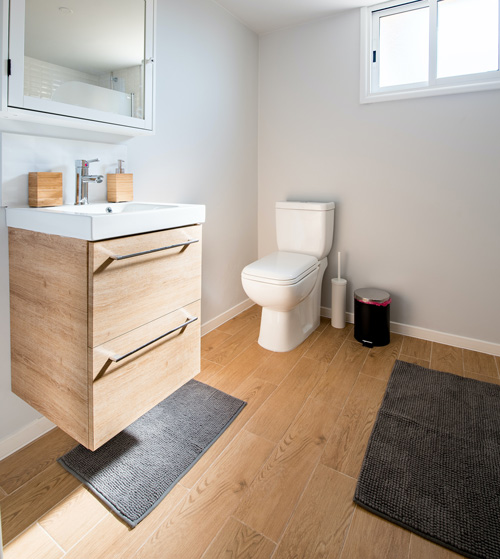 Wood-look-ceramic-tile-in-bathroom-in-finished-basement-Newport-TN Wood look printed ceramic tile in bathroom in basement renovation at Newport, TN